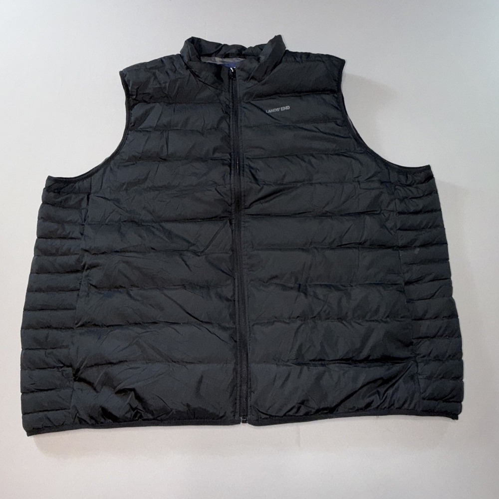 Lands' End Down Puffer Vest Mens 4XLT 58-60 Black Full Zip Outdoor Pockets